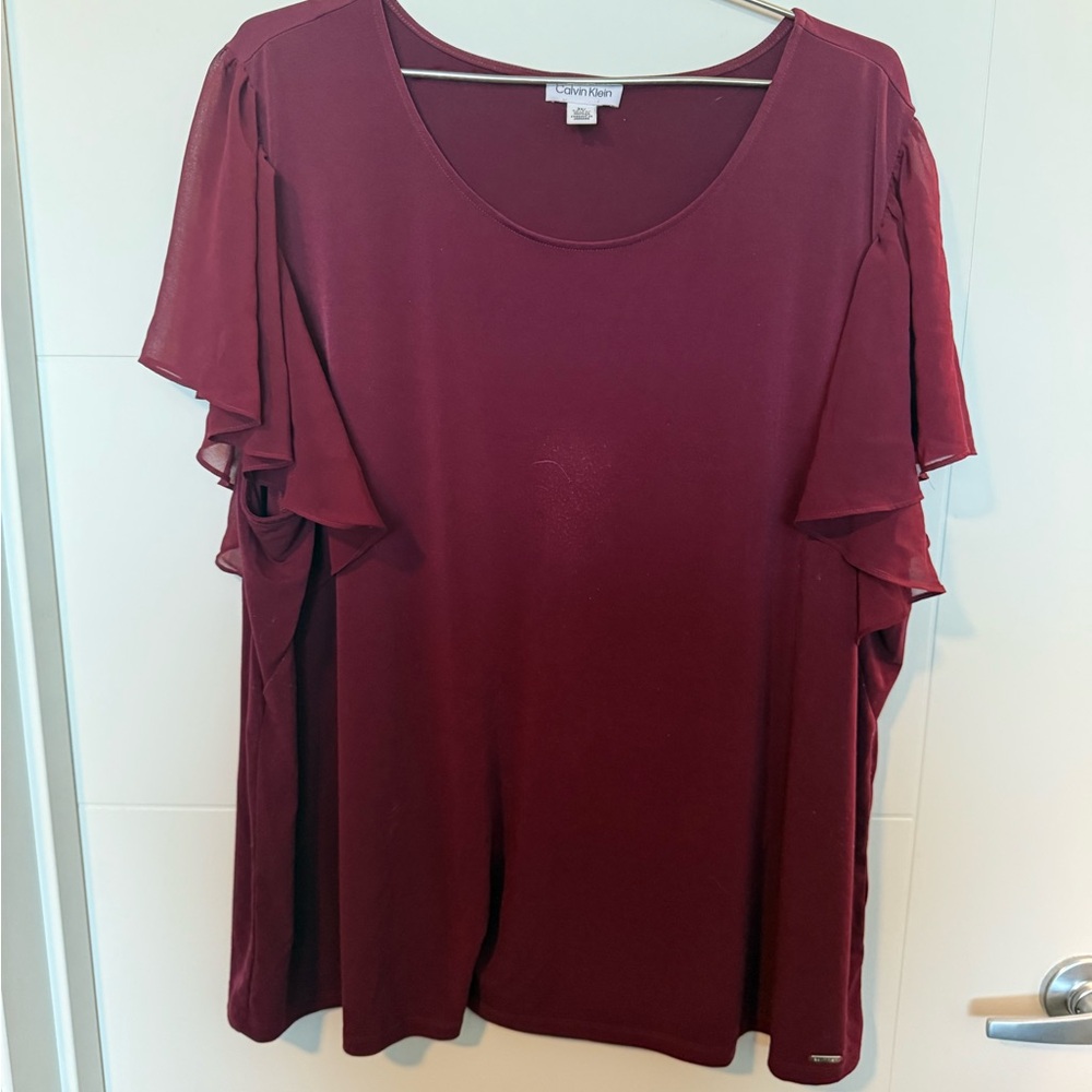 Calvin Klein Red Flutter Sleeve Blouse with Ruffled Design